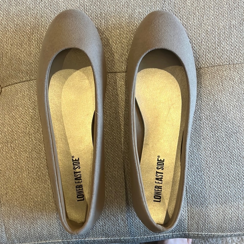 Camel color faux suede flats.